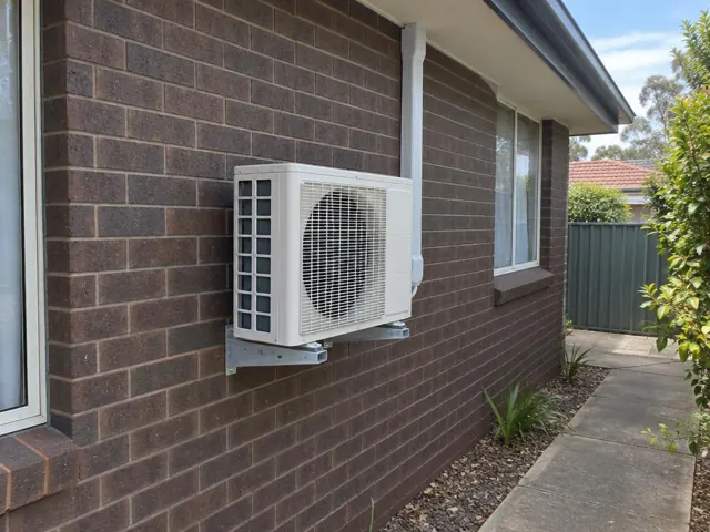 Wall-mounted outdoor air conditioner unit on a brick house exterior beside a window in Modbury Heights